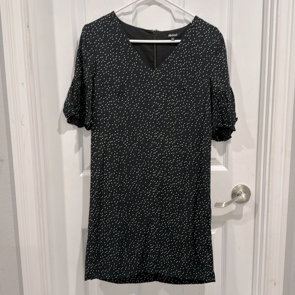 Madewell Black V-Neck Short Sleeve Dress with Dot Print